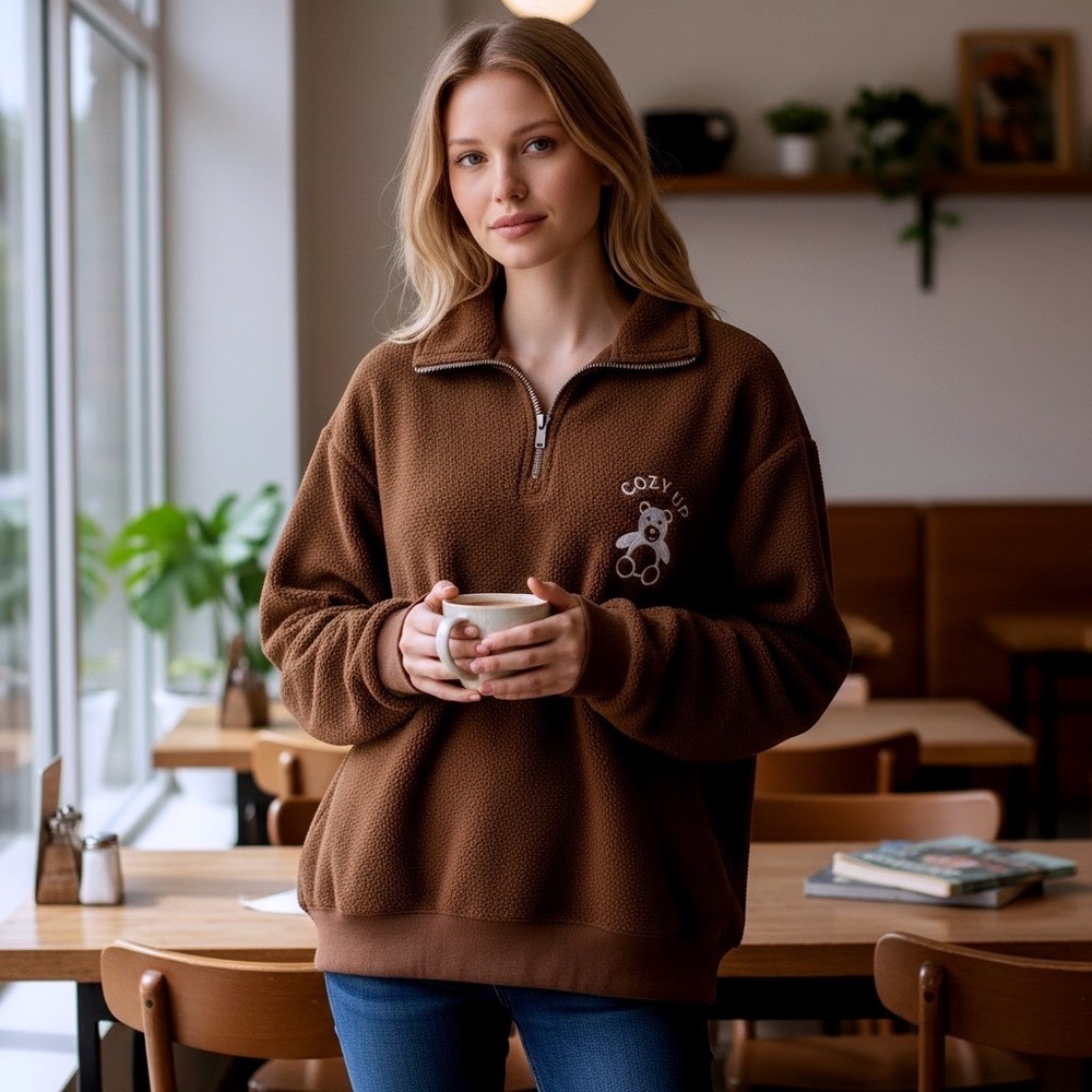 NWT Ivory Ella Cozy Up Bear Chocolate Brown 3/4 Zip Pullover Fleece Size Small